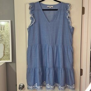 LOFT Chambray Tiered Dress w/ White Embroidery Size XL